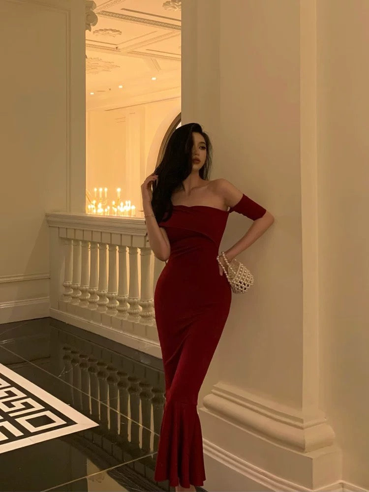 Gorgeous Sheath Off The Shoulder Short Sleeves Date Night Dress Red Prom Dresses Birthday Outfits