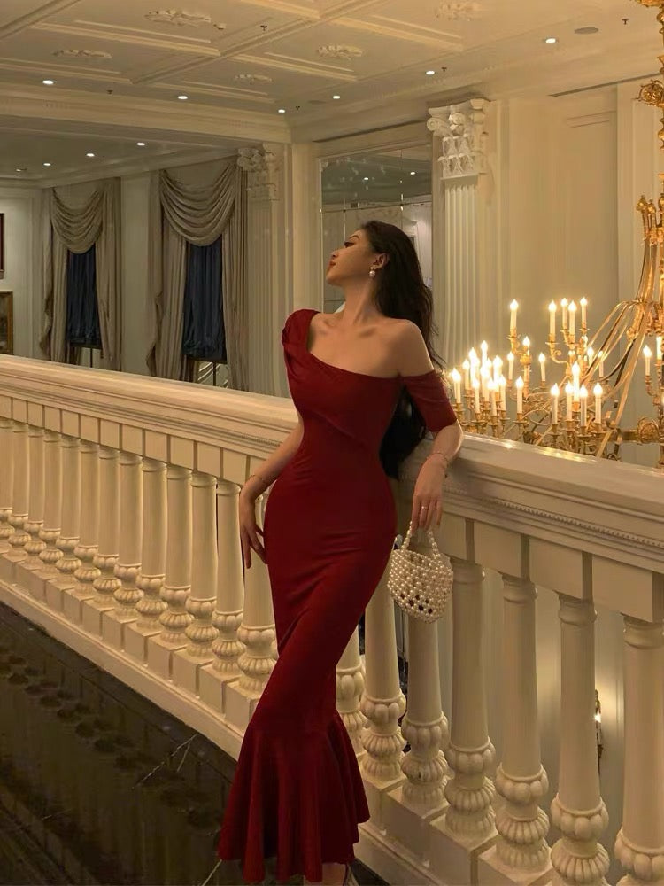 Gorgeous Sheath Off The Shoulder Short Sleeves Date Night Dress Red Prom Dresses Birthday Outfits