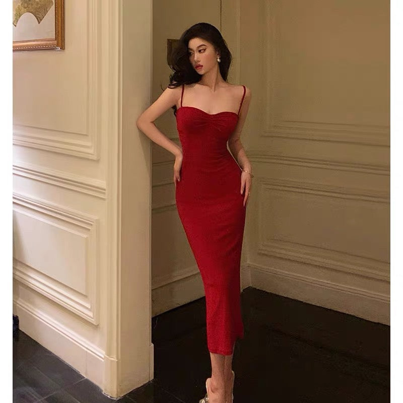 Sexy Sheath Spaghetti Straps Sleeveless Red Tea Length Prom Dresses Birthday Outfits