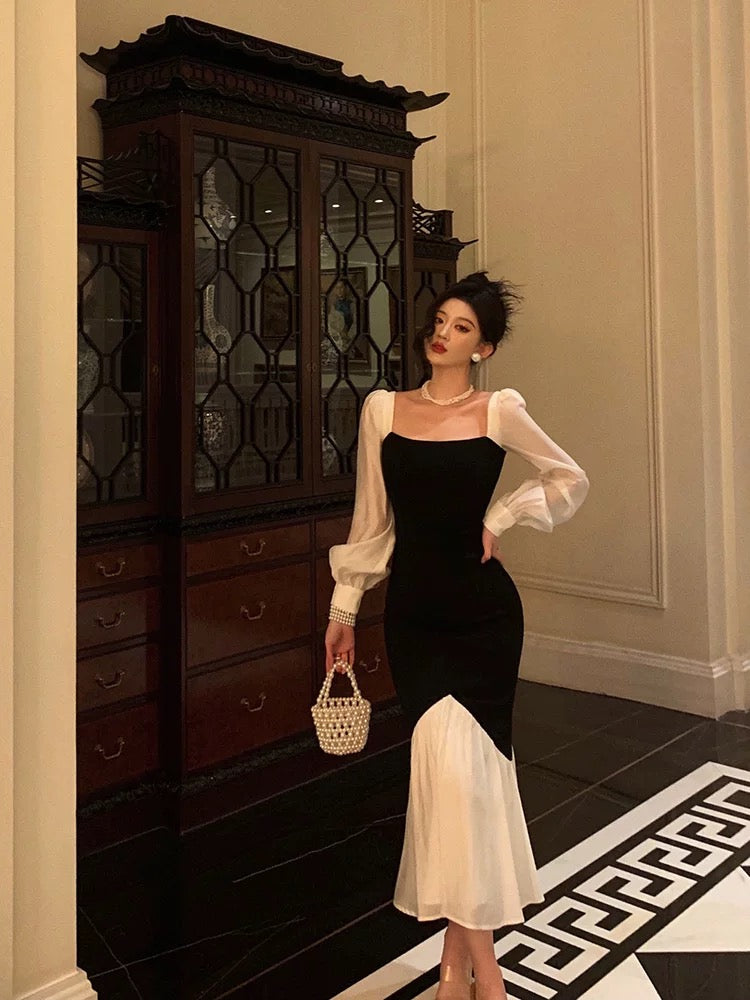 Sexy Sheath Square Neckline Long Sleeves Black Prom Dresses Birthday Outfits With Ruffle