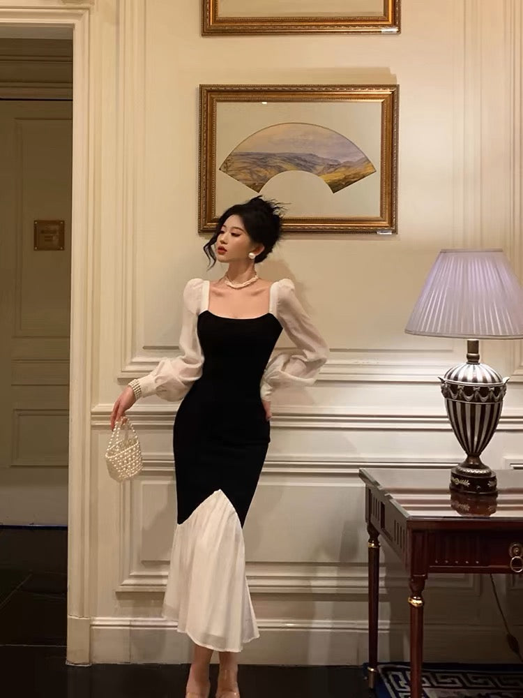 Sexy Sheath Square Neckline Long Sleeves Black Prom Dresses Birthday Outfits With Ruffle