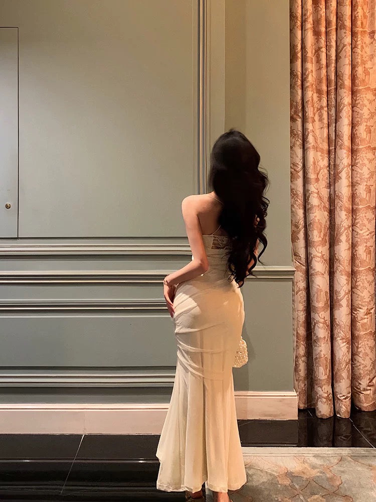 Sexy Sheath Spaghetti Straps Sleeveless White Floral Prom Dresses Birthday Outfits With Flower