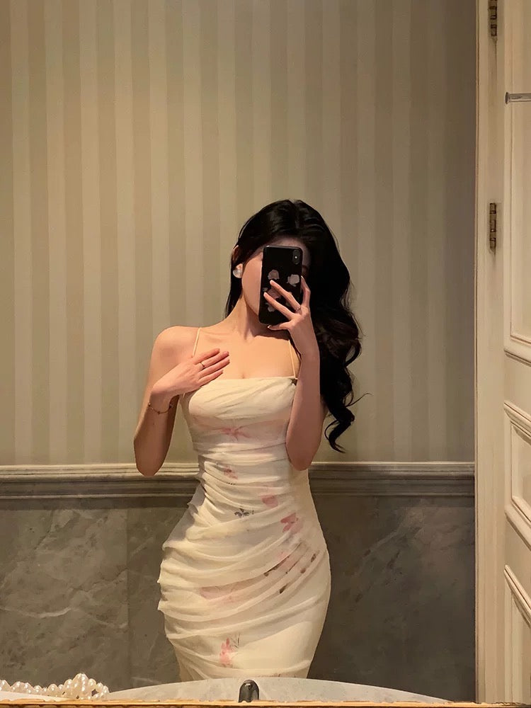 Sexy Sheath Spaghetti Straps Sleeveless White Floral Prom Dresses Birthday Outfits With Flower