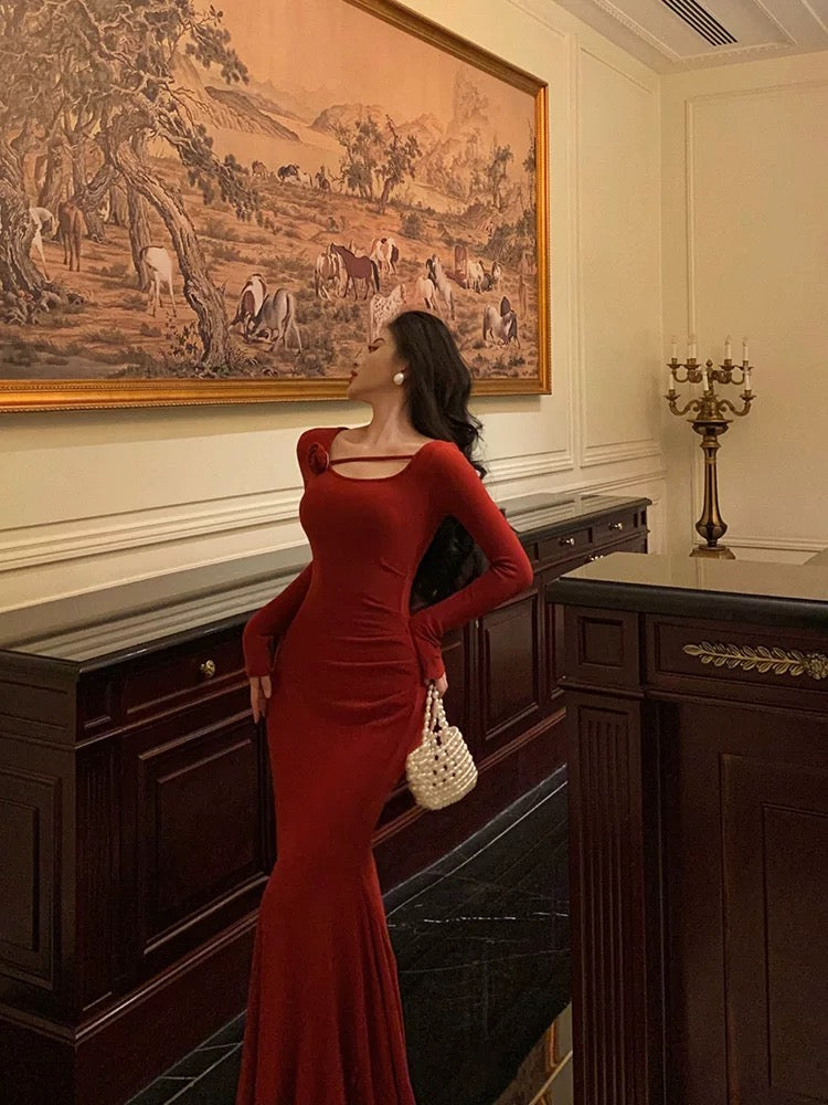 Gorgeous Mermaid Jewel Neckline Long Sleeves Date Night Dress Red Prom Dresses Birthday Outfits