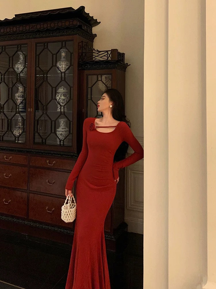 Gorgeous Mermaid Jewel Neckline Long Sleeves Date Night Dress Red Prom Dresses Birthday Outfits