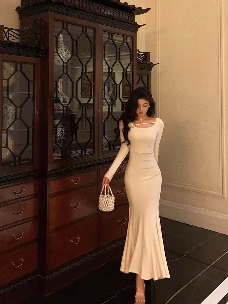 Gorgeous Mermaid Jewel Neckline Long Sleeves Date Night Dress White Prom Dresses Birthday Outfits