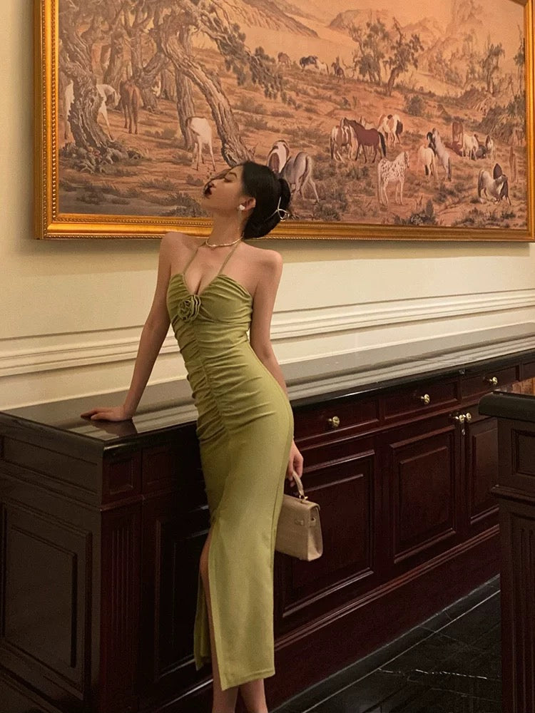 Sexy Sheath Halter Green Sleeveless Slit Tea Length Party Dresses Birthday Outfits