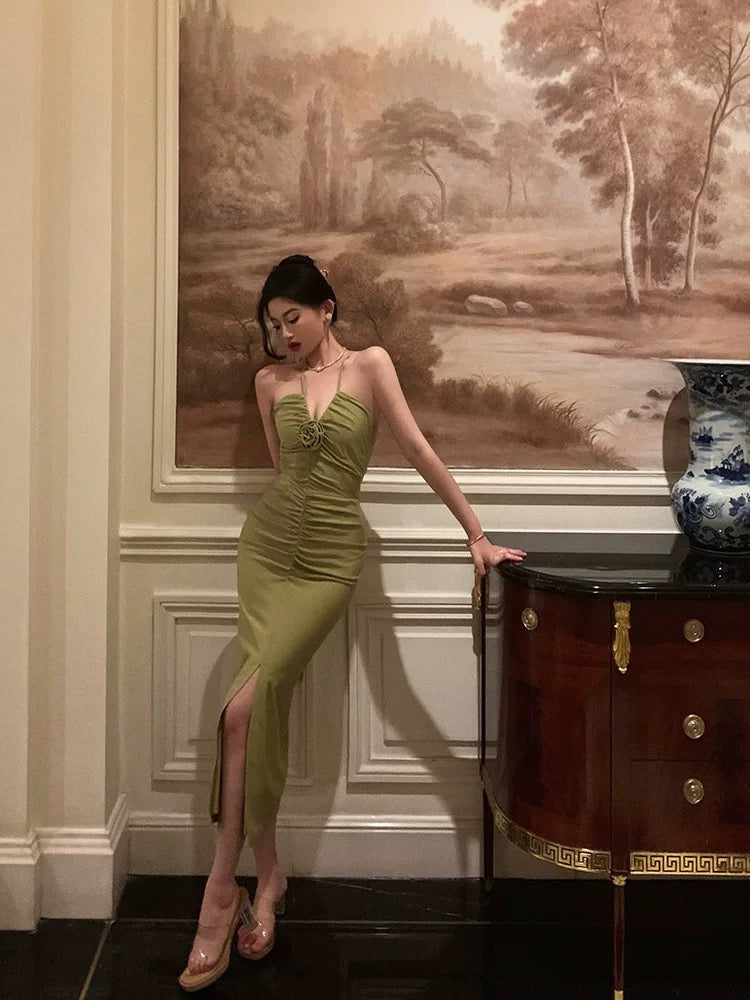 Sexy Sheath Halter Green Sleeveless Slit Tea Length Party Dresses Birthday Outfits
