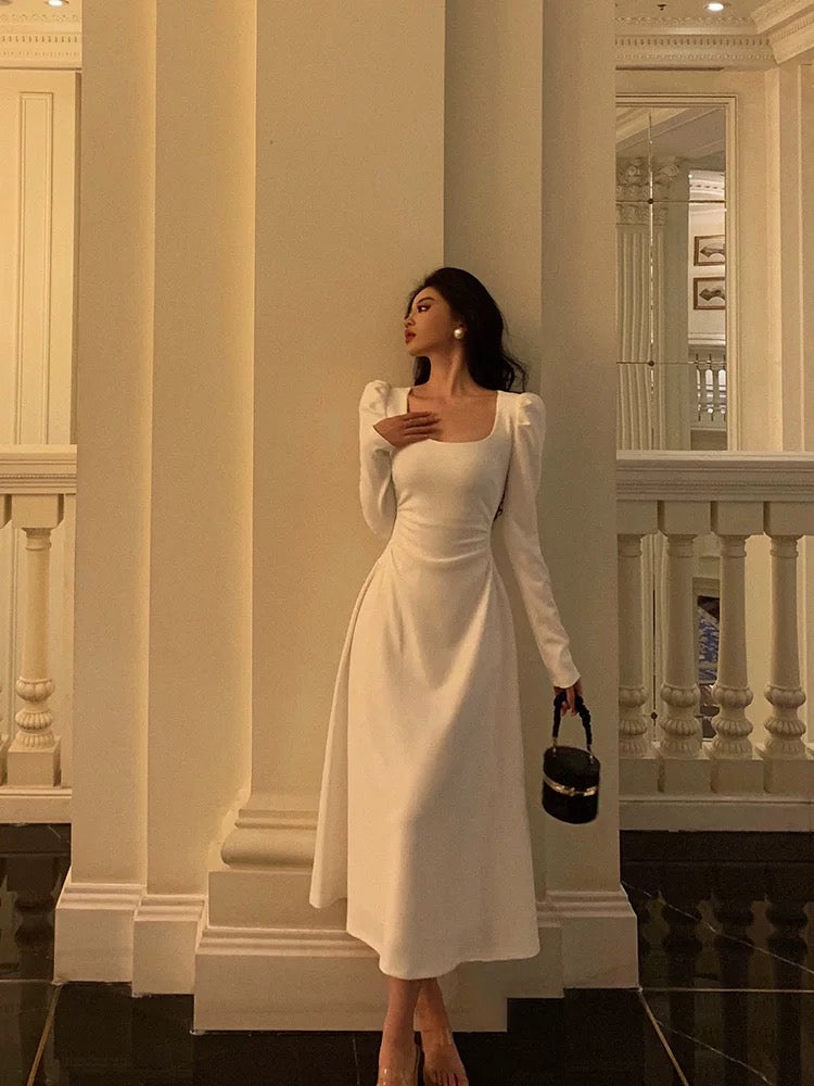 Gorgeous A line Square Neckline Long Sleeves Date Night Dress White Prom Dresses Birthday Outfits