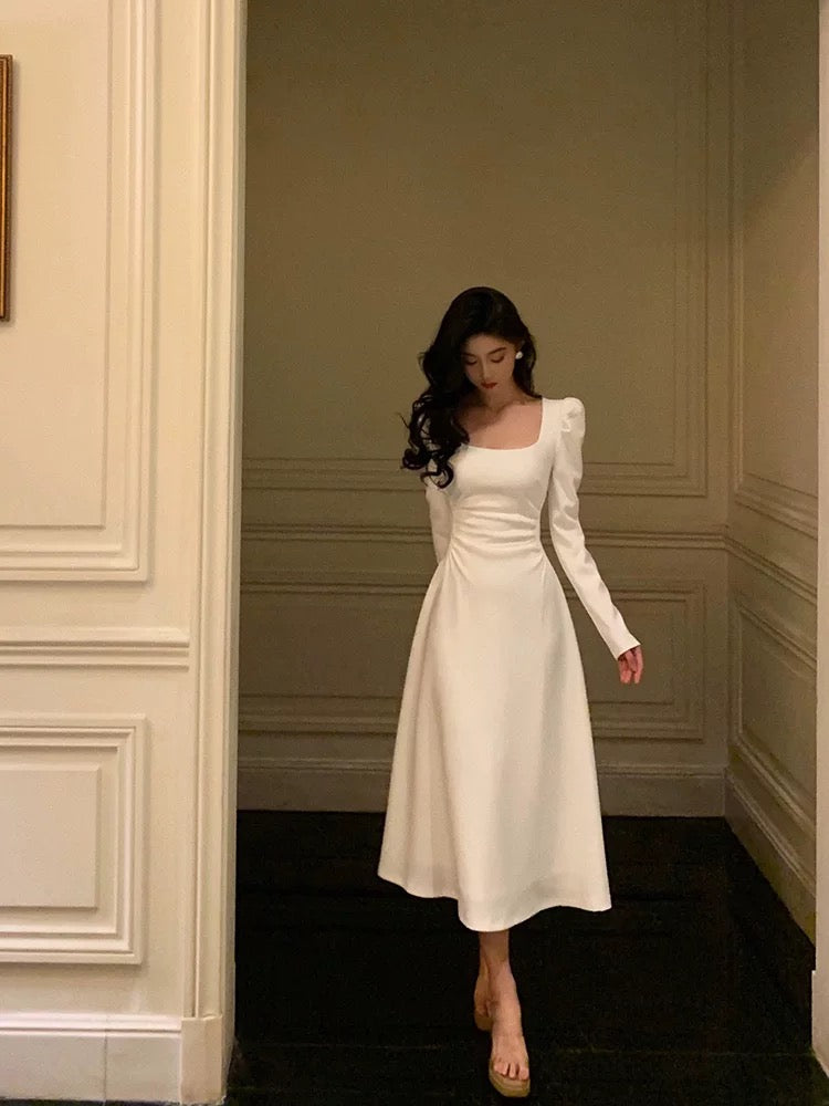 Gorgeous A line Square Neckline Long Sleeves Date Night Dress White Prom Dresses Birthday Outfits