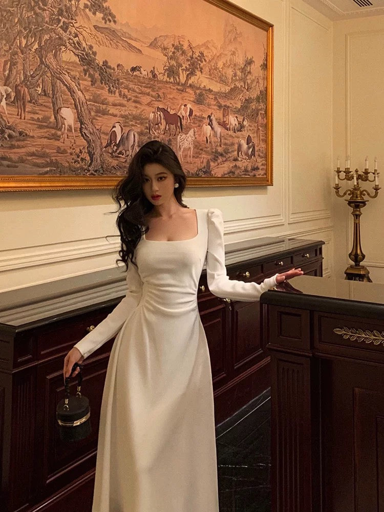 Gorgeous A line Square Neckline Long Sleeves Date Night Dress White Prom Dresses Birthday Outfits