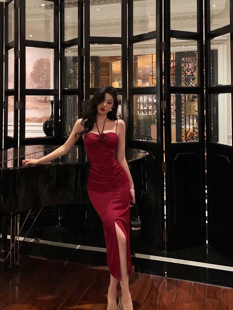Sexy Sheath Spaghetti Straps Red Sleeveless Slit Tea Length Party Dresses Birthday Outfits
