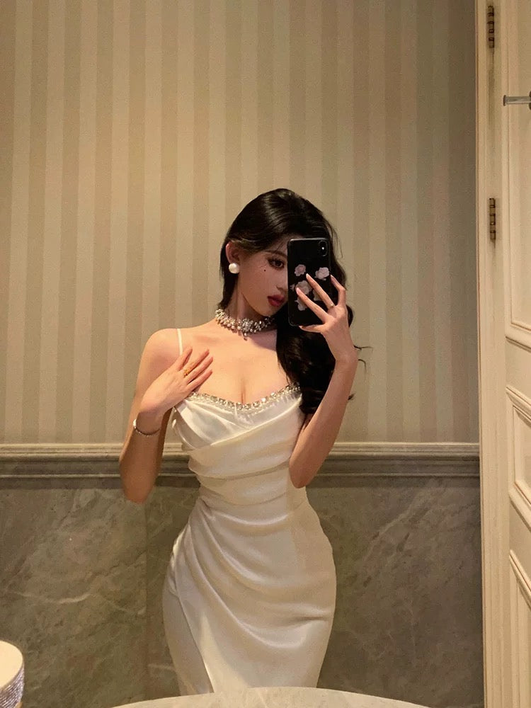 Sexy Mermaid Spaghetti Straps White Satin Slit Prom Dresses Birthday Outfits