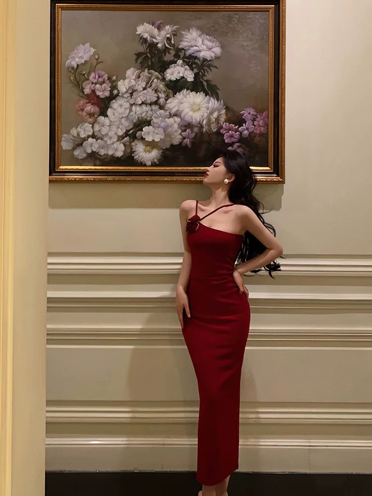 Sexy Sheath Halter Neckline Sleeveless Red Prom Dresses Birthday Outfits With Flower