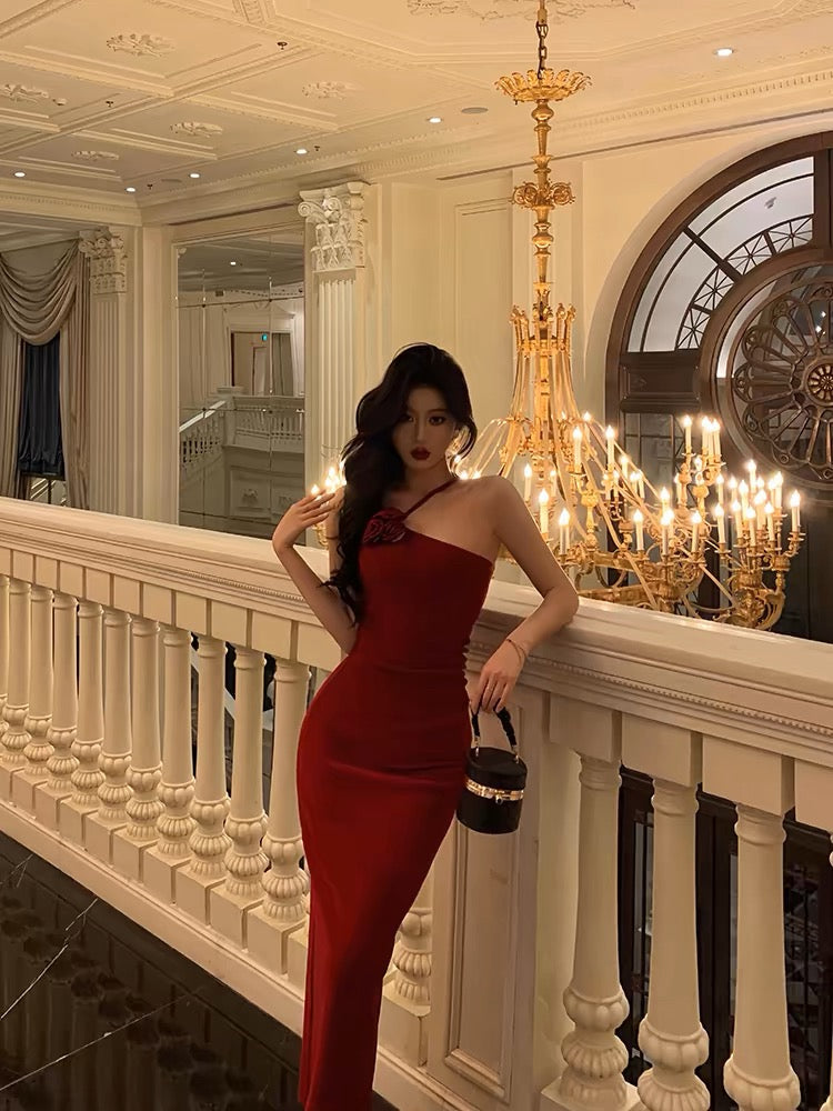 Sexy Sheath Halter Neckline Sleeveless Red Prom Dresses Birthday Outfits With Flower