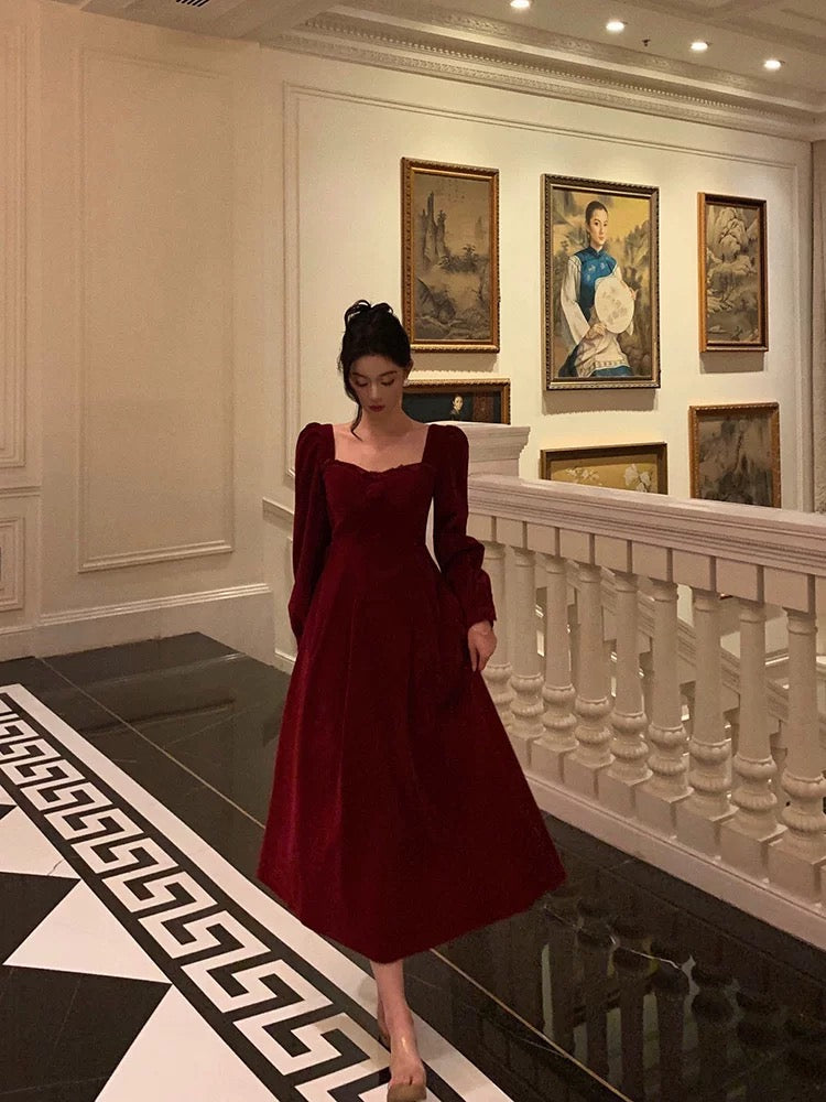 Sexy A line Square Neckline Long Sleeves Tea Length Velvet Prom Dresses Birthday Outfits