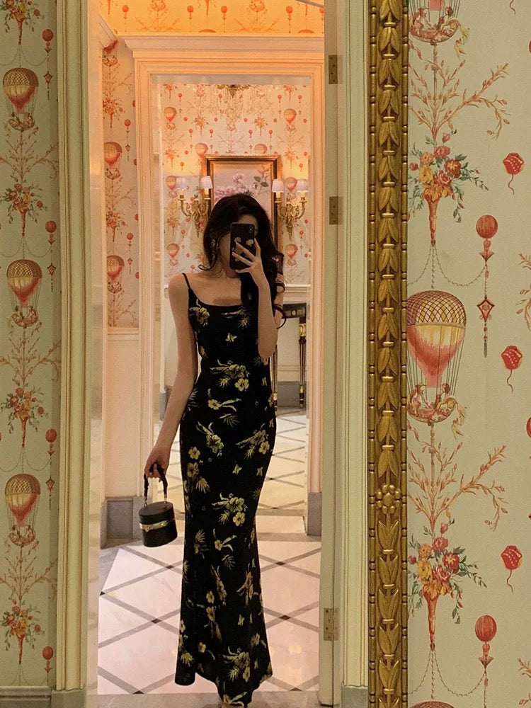 Sexy Mermaid Spaghetti Straps Floral Black Prom Dresses Ankle Length Birthday Outfits