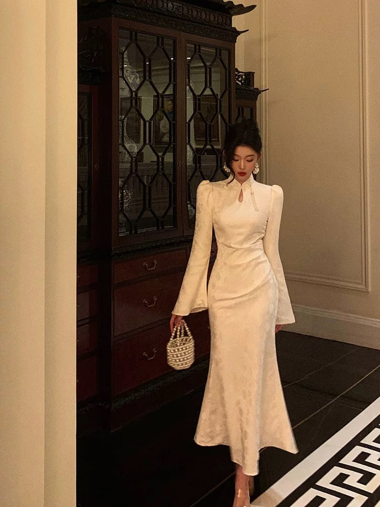 Classy Mermaid Mandarin Collar Long Sleeves White Lace Prom Dresses Birthday Outfits