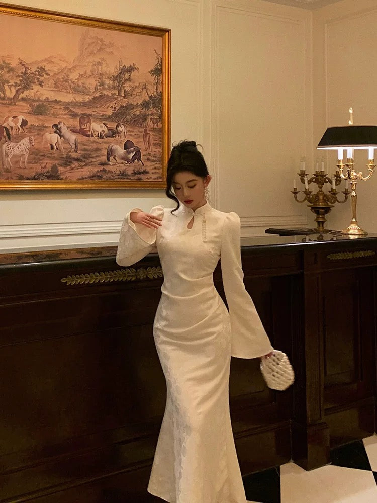 Classy Mermaid Mandarin Collar Long Sleeves White Lace Prom Dresses Birthday Outfits