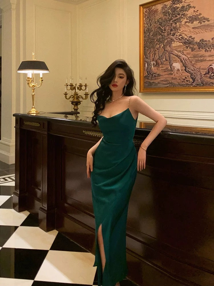 Sexy Sheath Spaghetti Straps Dark Green Satin Slit Prom Dresses Birthday Outfits