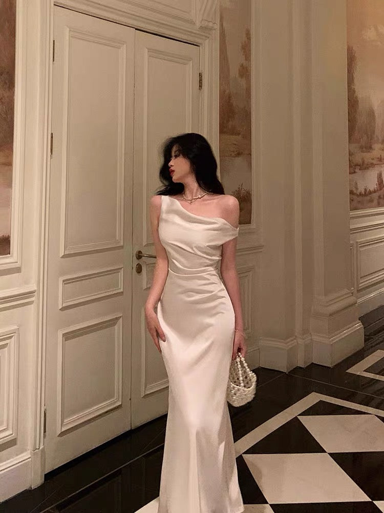 Sexy Mermaid One Shoulder Off the Shoulder Satin White Prom Dresses Birthday Outfits