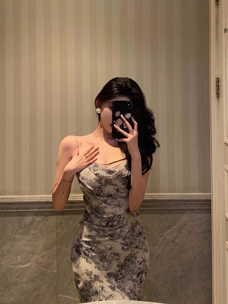 Sexy Sheath Spaghetti Straps Floral Blue Chiffon Prom Dresses Birthday Outfit