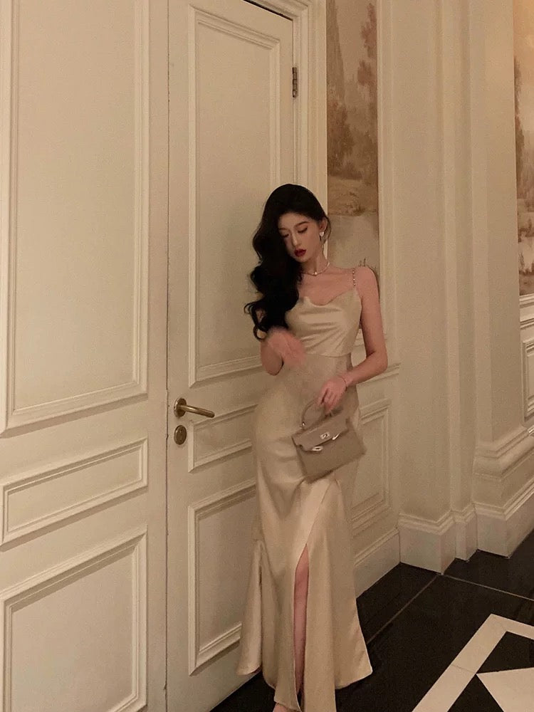 Sexy Sheath Spaghetti Straps Champagne Slit Prom Dresses Long Birthday Outfit