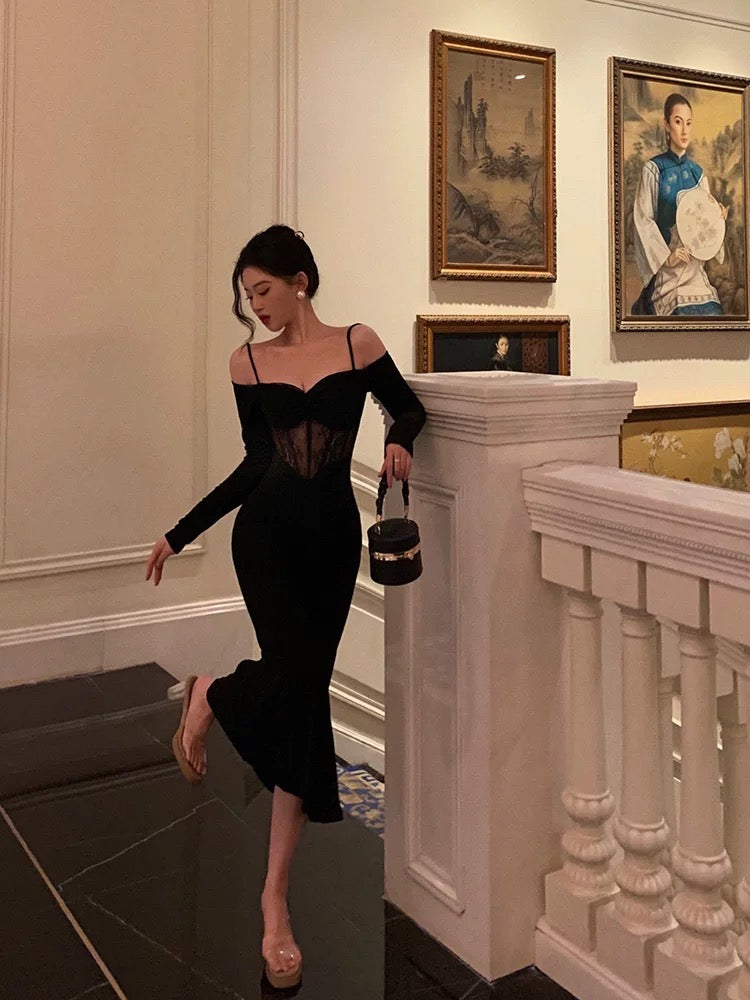Sexy Sheath Off The Shoulder Long Sleeves Black Tea Length Prom Dresses Birthday Outfits