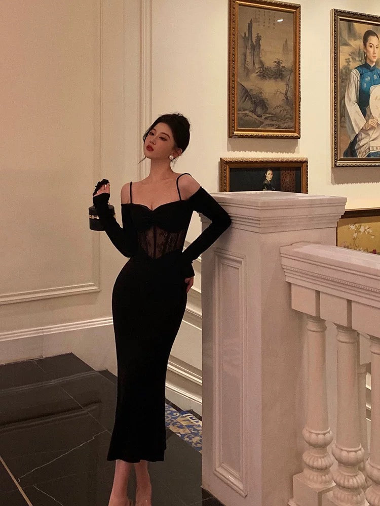 Sexy Sheath Off The Shoulder Long Sleeves Black Tea Length Prom Dresses Birthday Outfits