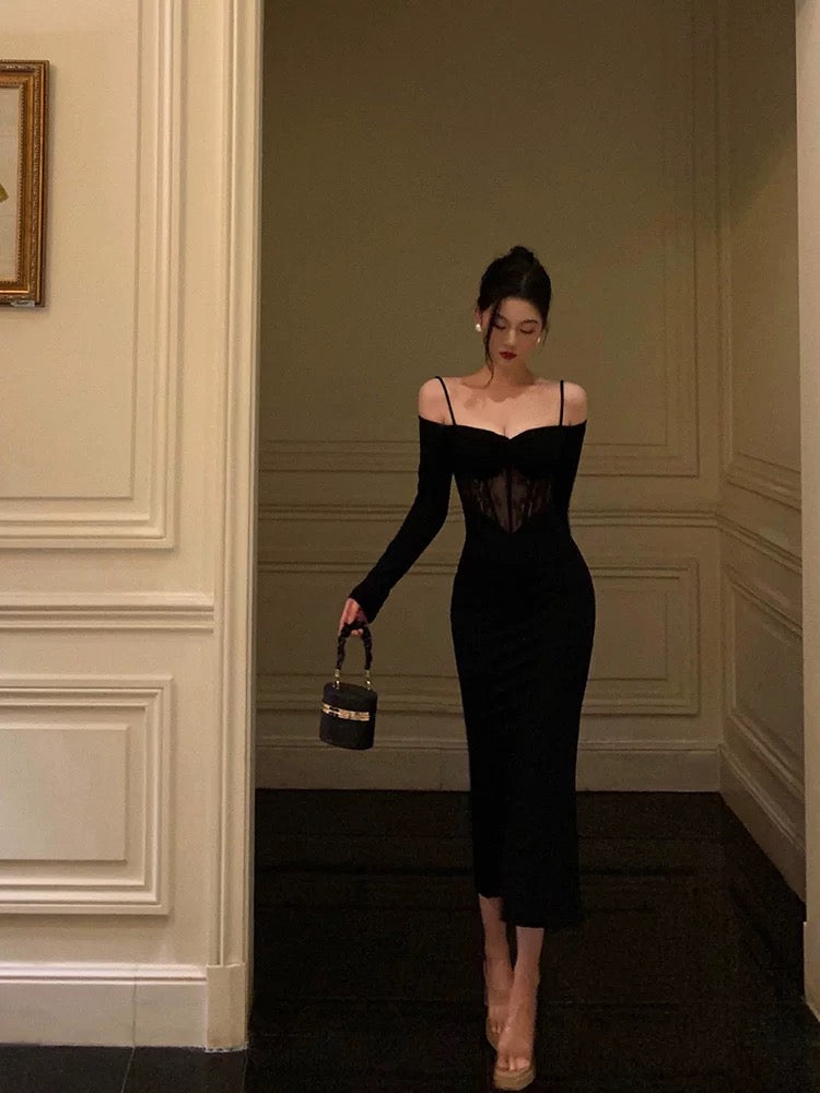 Sexy Sheath Off The Shoulder Long Sleeves Black Tea Length Prom Dresses Birthday Outfits
