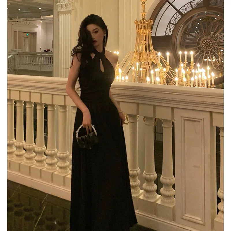 French A Line Halter Sleeveless Black Prom Dresses Birthday Outfits