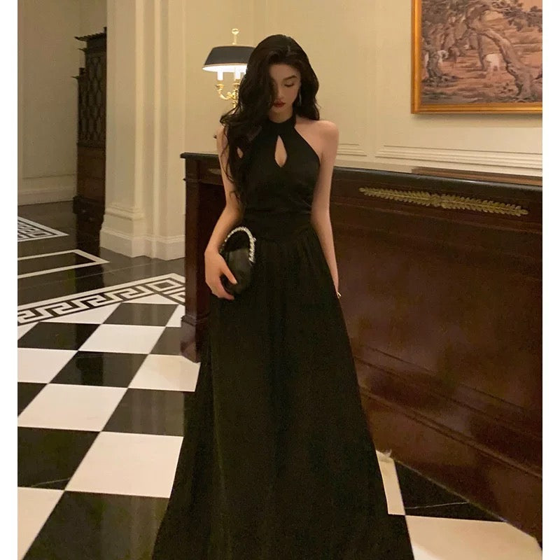French A Line Halter Sleeveless Black Prom Dresses Birthday Outfits