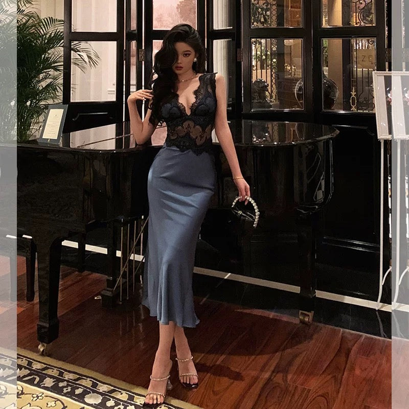 Sexy Sheath V Neckline Sleeveless Navy Blue Tea Length Prom Dresses Birthday Outfits