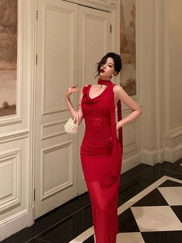 Pretty Sheath Straps Sleeveless Floral Date Night Dress Red Prom Dresses Birthday Outfits
