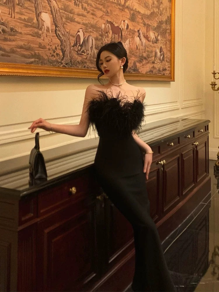 Sexy Sheath Strapless Black Satin Feather Prom Dresses Birthday Outfits