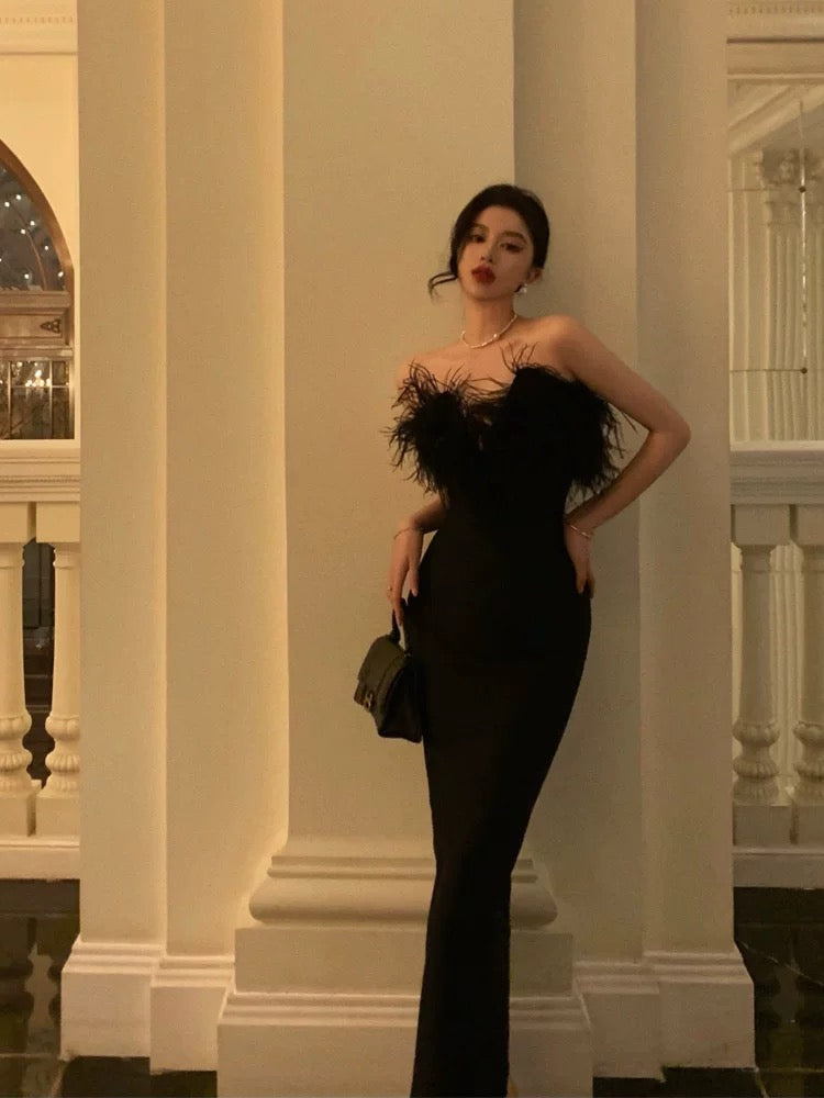 Sexy Sheath Strapless Black Satin Feather Prom Dresses Birthday Outfits