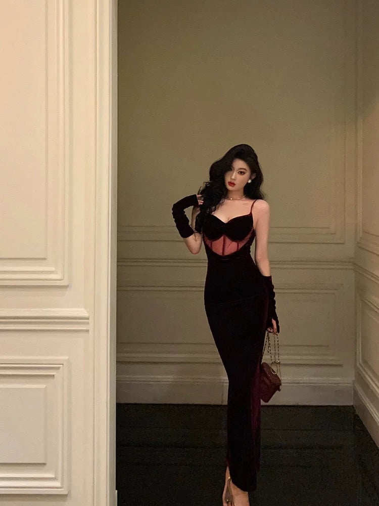 Classy Mermaid Spaghetti Straps Sleeveless Burgundy Velvet Prom Dresses Birthday Outfits