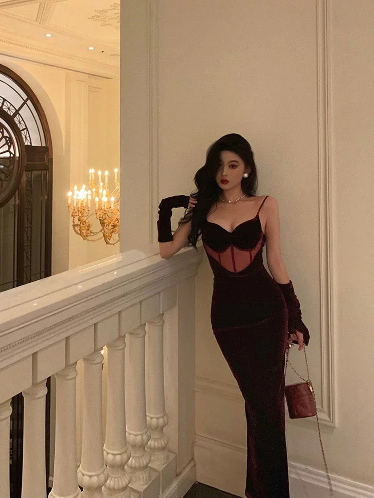 Classy Mermaid Spaghetti Straps Sleeveless Burgundy Velvet Prom Dresses Birthday Outfits