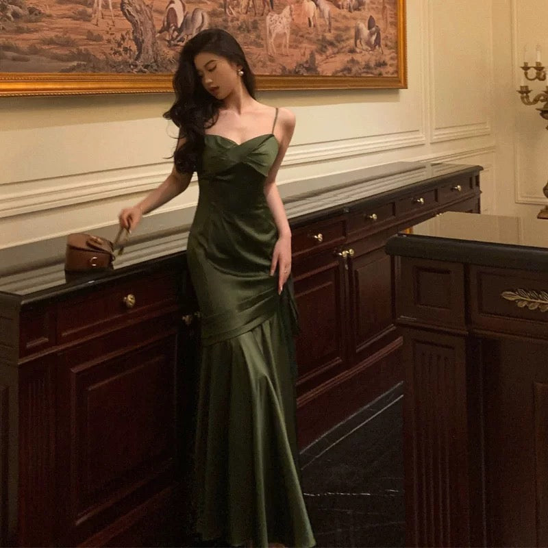 Sexy Mermaid Spaghetti Straps Olive Green Satin Long Prom Dresses Birthday Outfit