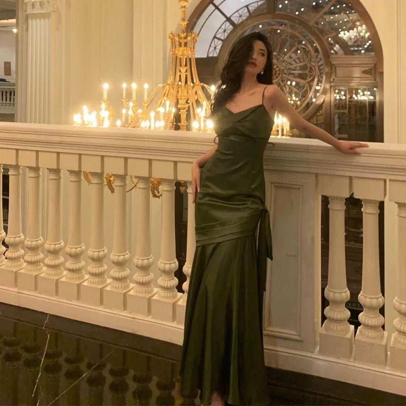 Sexy Mermaid Spaghetti Straps Olive Green Satin Long Prom Dresses Birthday Outfit