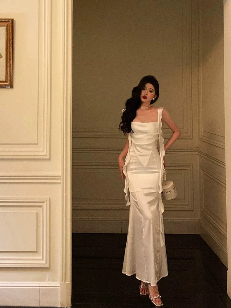 Sexy Sheath Straps White Satin Long Prom Dresses Birthday Outfit