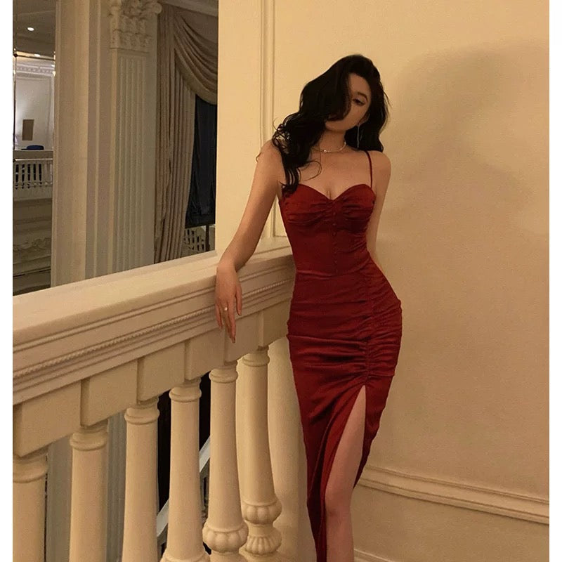 Gorgeous Sheath Spaghetti Straps Red Sleeveless Velvet Date Night Dress Prom Dresses Birthday Outfit