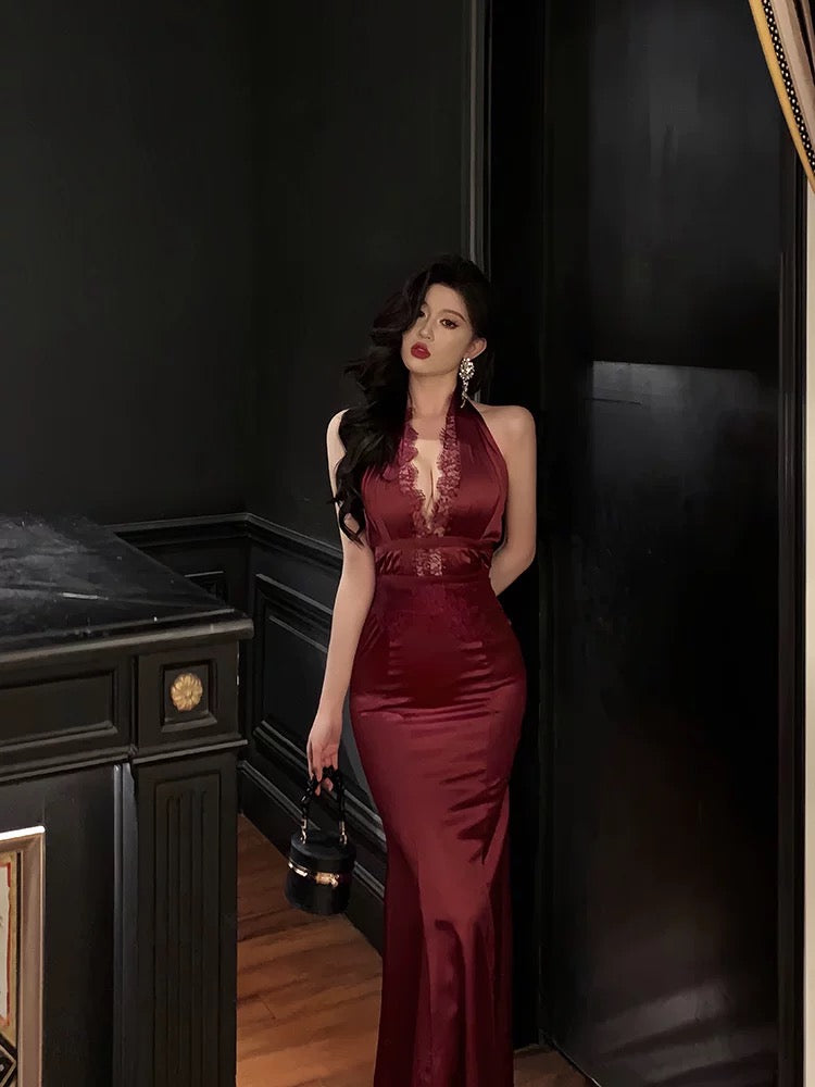 Gorgeous Sheath Halter Burgundy Sleeveless Lace Date Night Dress Prom Dresses Birthday Outfit