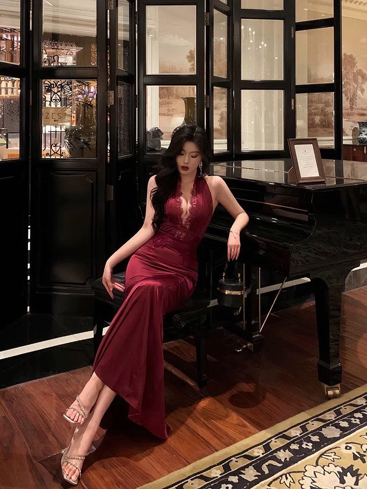 Gorgeous Sheath Halter Burgundy Sleeveless Lace Date Night Dress Prom Dresses Birthday Outfit