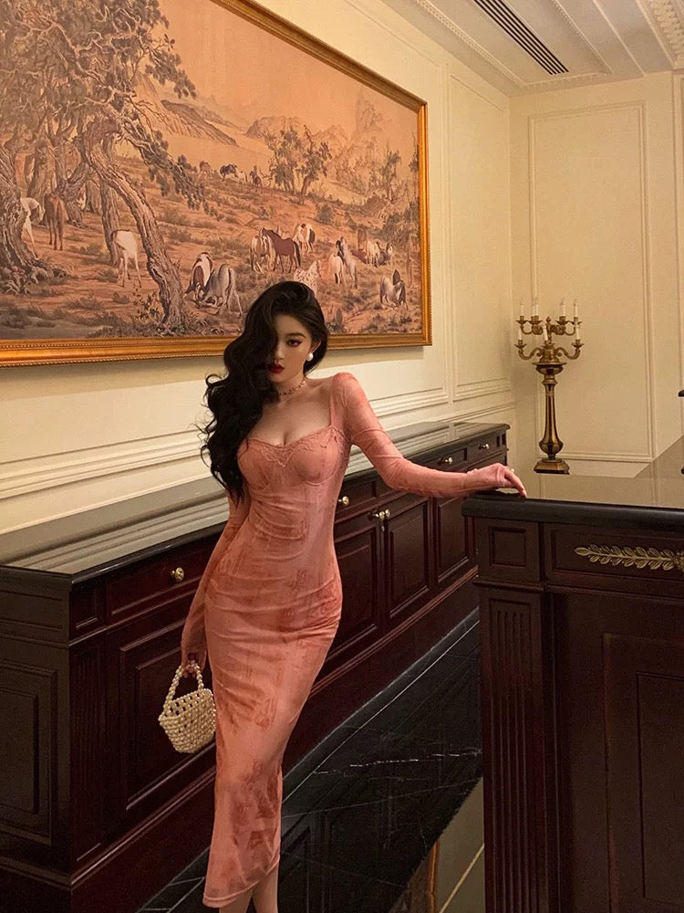 French Sheath Square Neckline Long Sleeves Pink Lace Prom Dresses Birthday Outfits