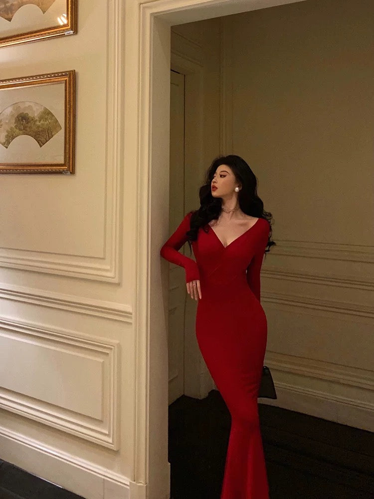 Gorgeous Mermaid V Neckline Long Sleeves Red Date Night Dress Prom Dresses Birthday Outfit