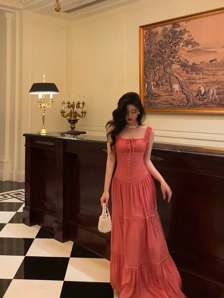 Sexy A Line Square Neckline Pink Long Prom Dresses Birthday Outfits