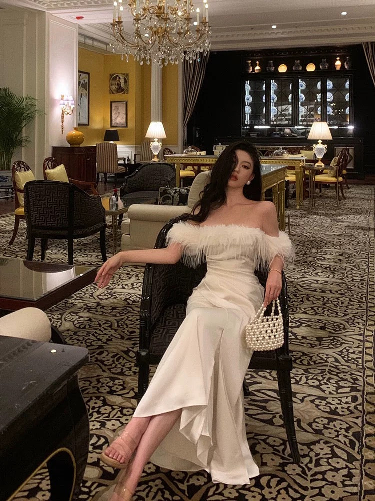 French Sheath Off The Shoulder White Satin Slit Prom Dresses Birthday Outfits