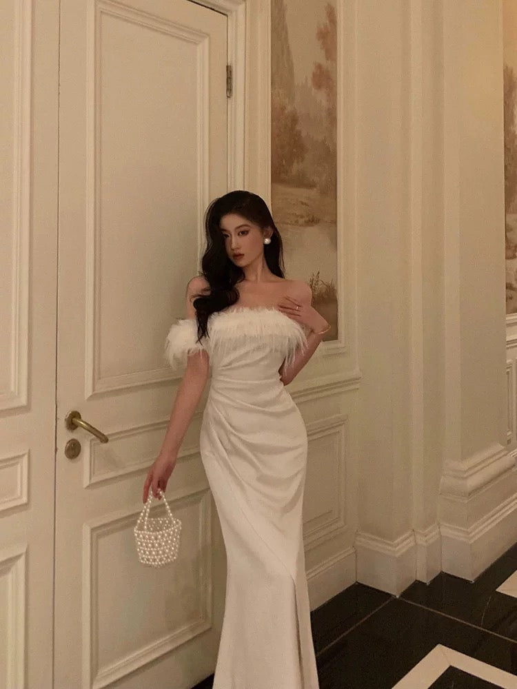French Sheath Off The Shoulder White Satin Slit Prom Dresses Birthday Outfits