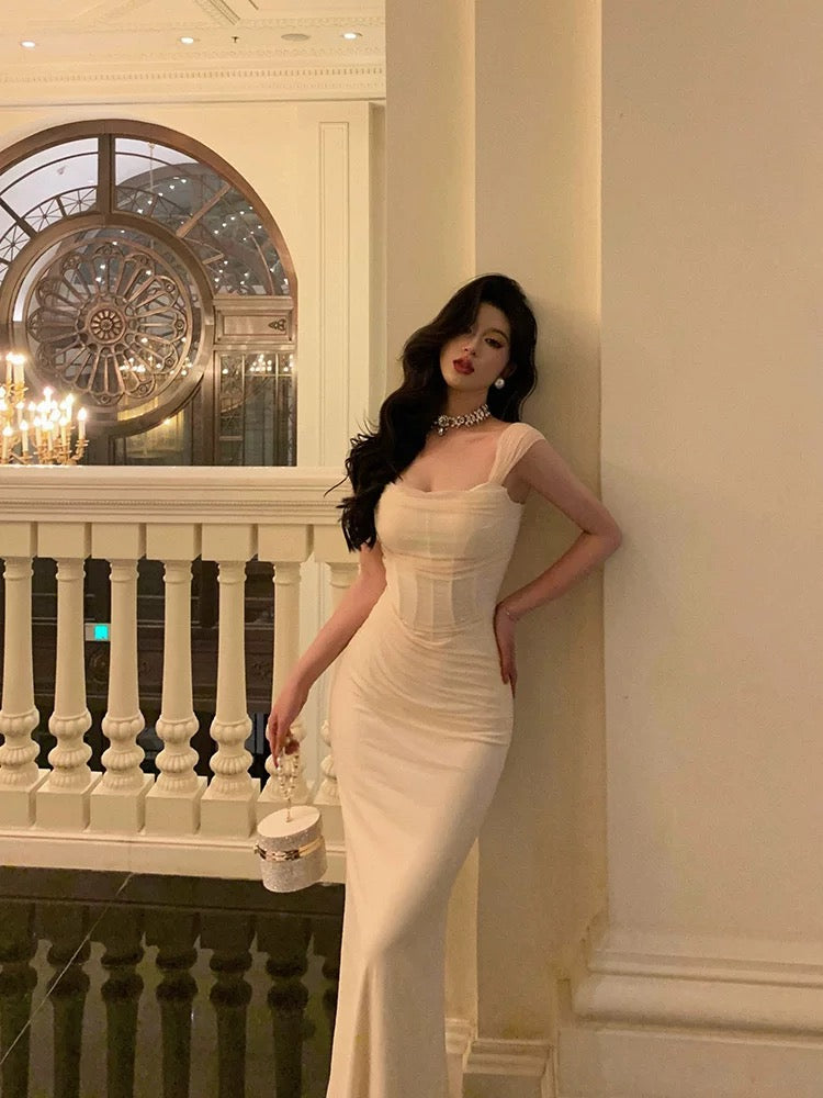 French Sheath Straps Ivory Long Tulle Prom Dresses Birthday Outfits